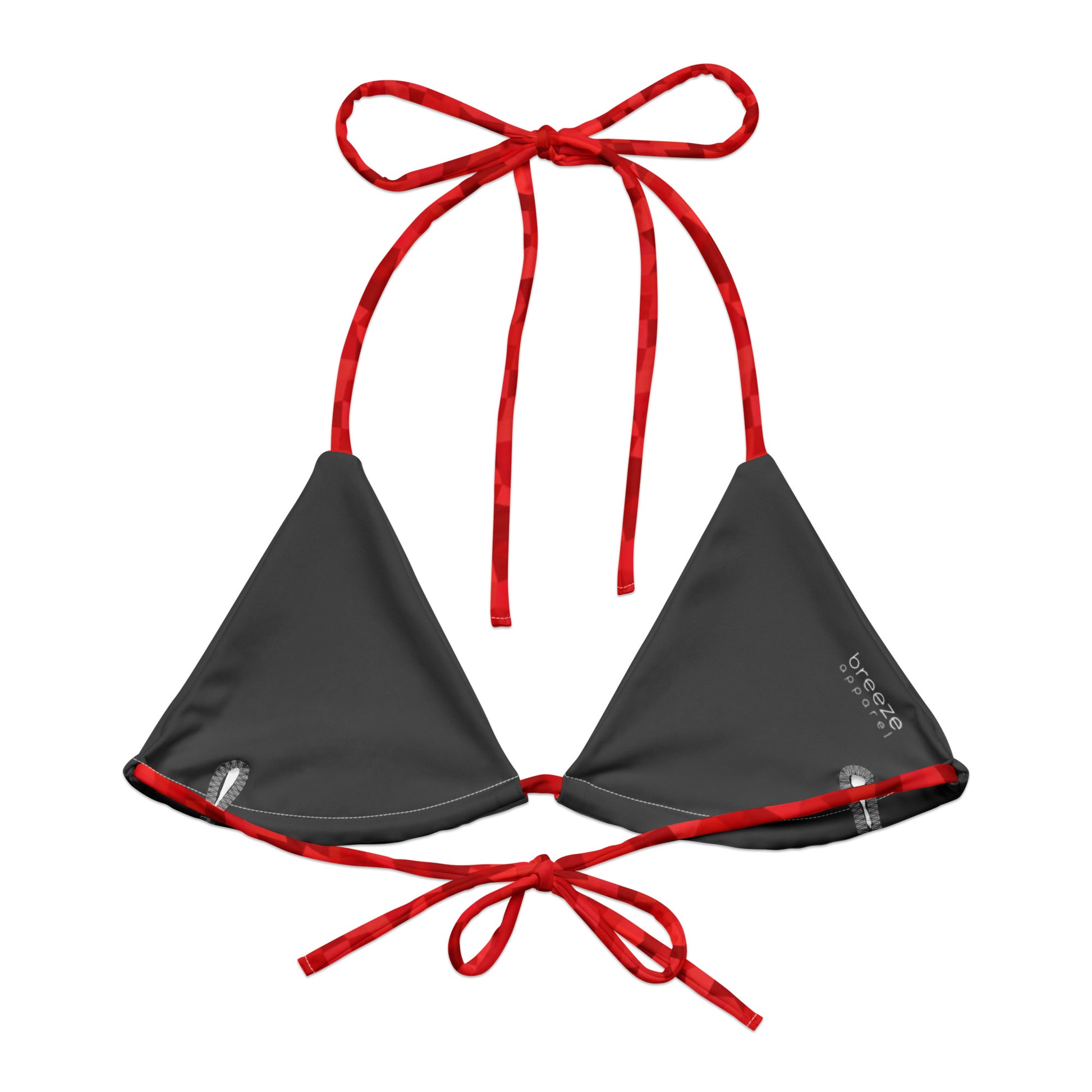 Back of bikini top with red geometric pattern. Interior is dark gray.