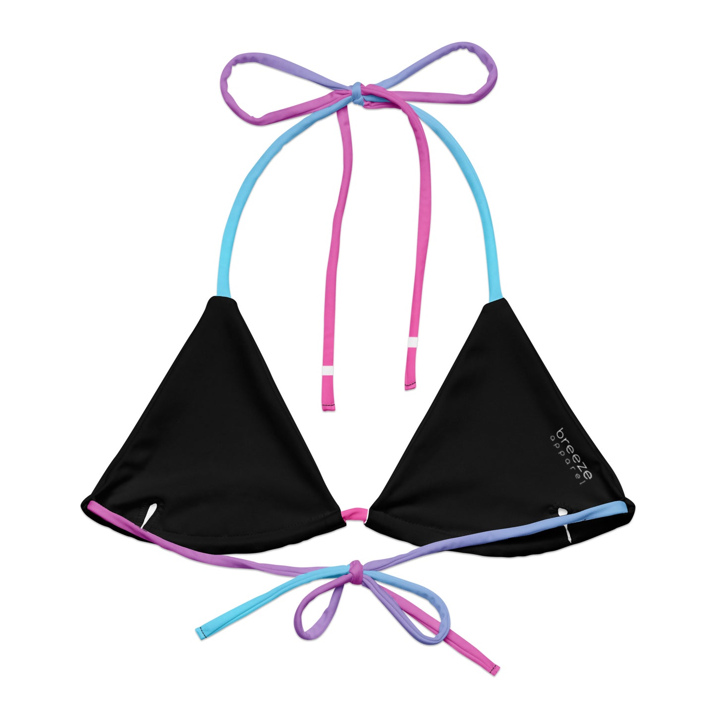 Back of bikini top with color scheme that fades from light blue to pink. Interior is black.
