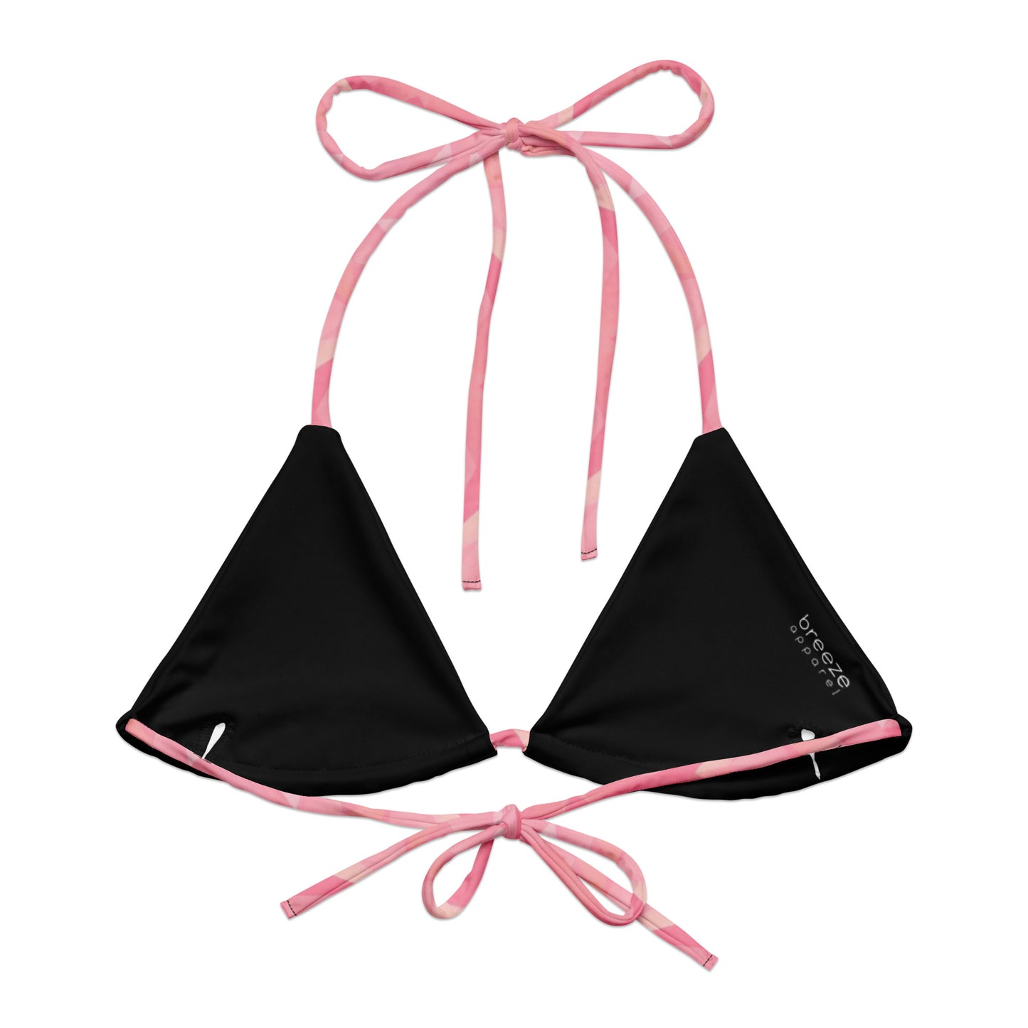 Back of bikini top with pink geometric pattern. Interior is black.