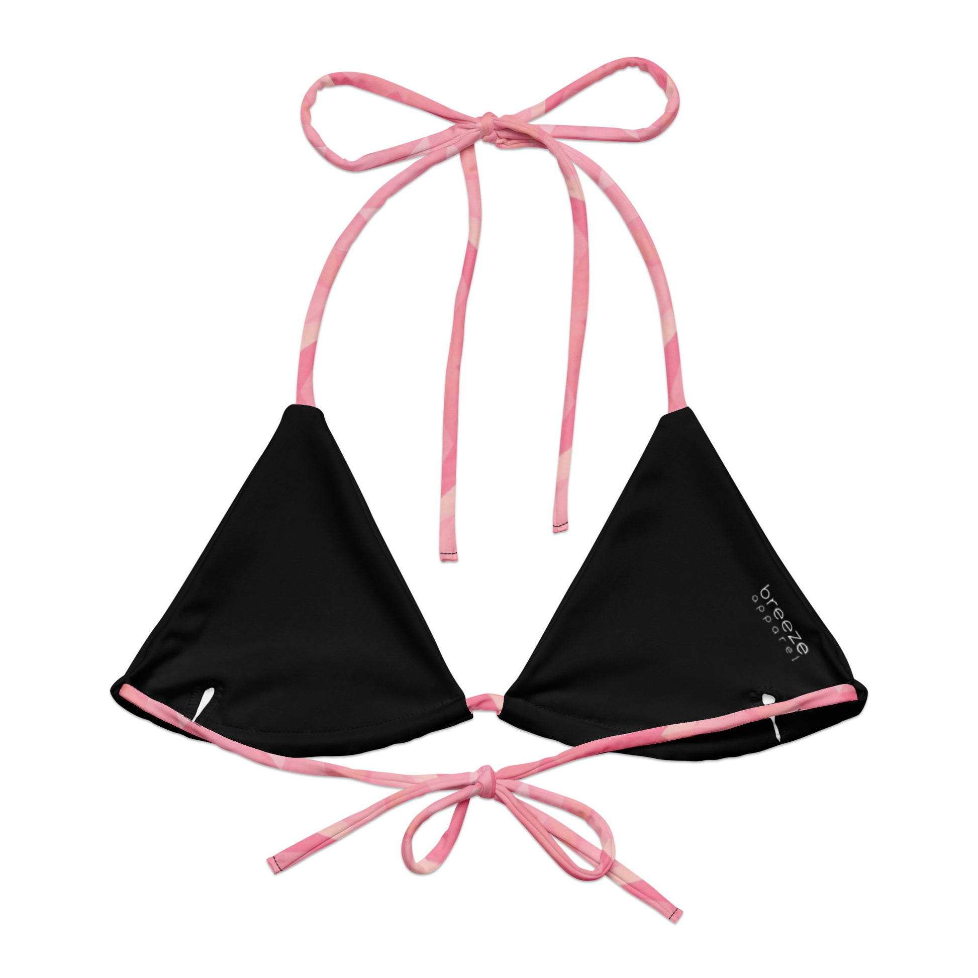 Back of bikini top with pink geometric pattern. Interior is black.