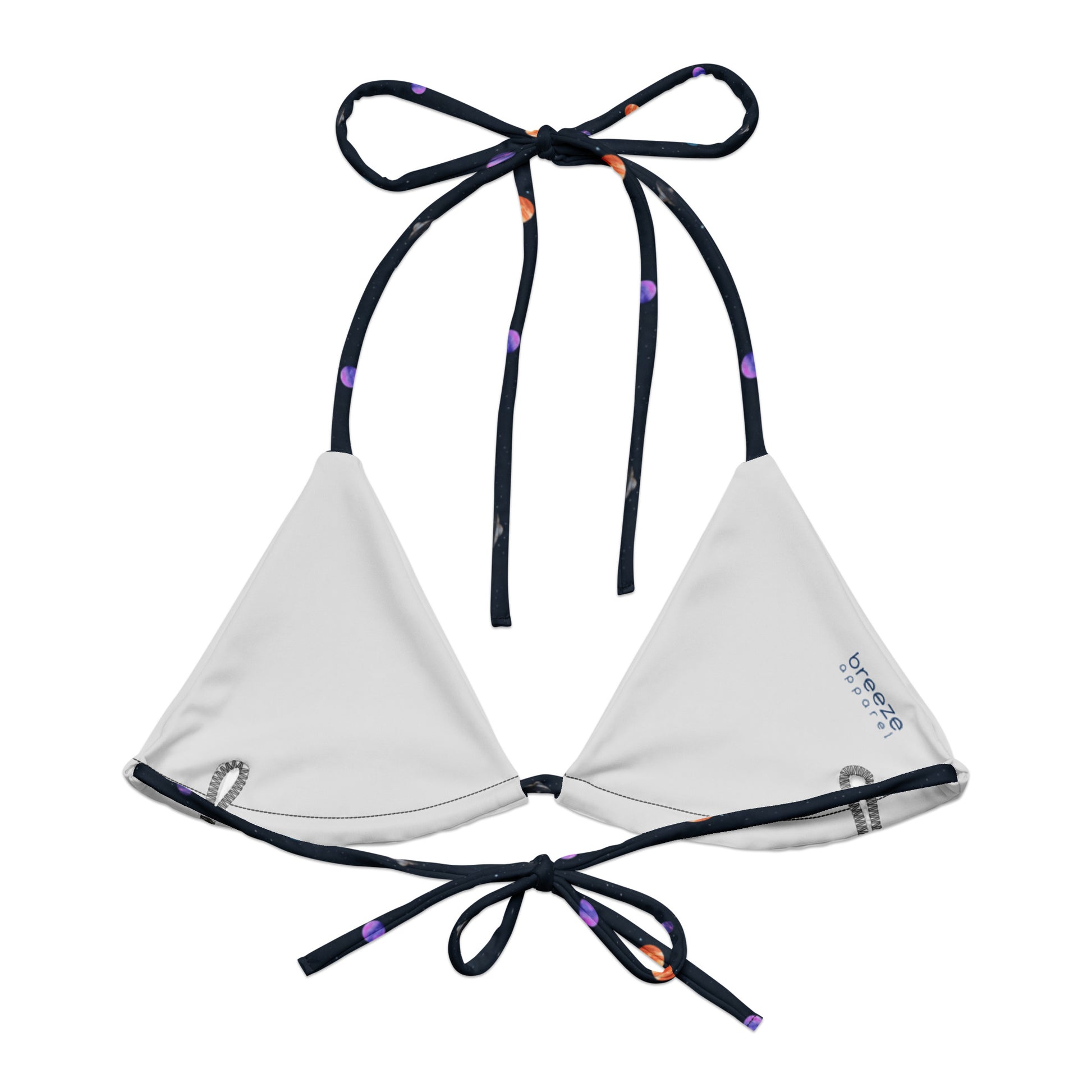 Light-gray interior of string bikini top.