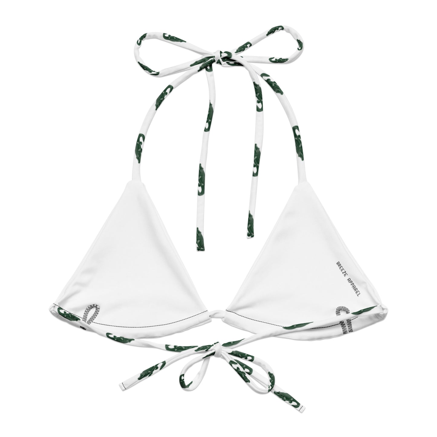White bikini top with pattern of green alligators.