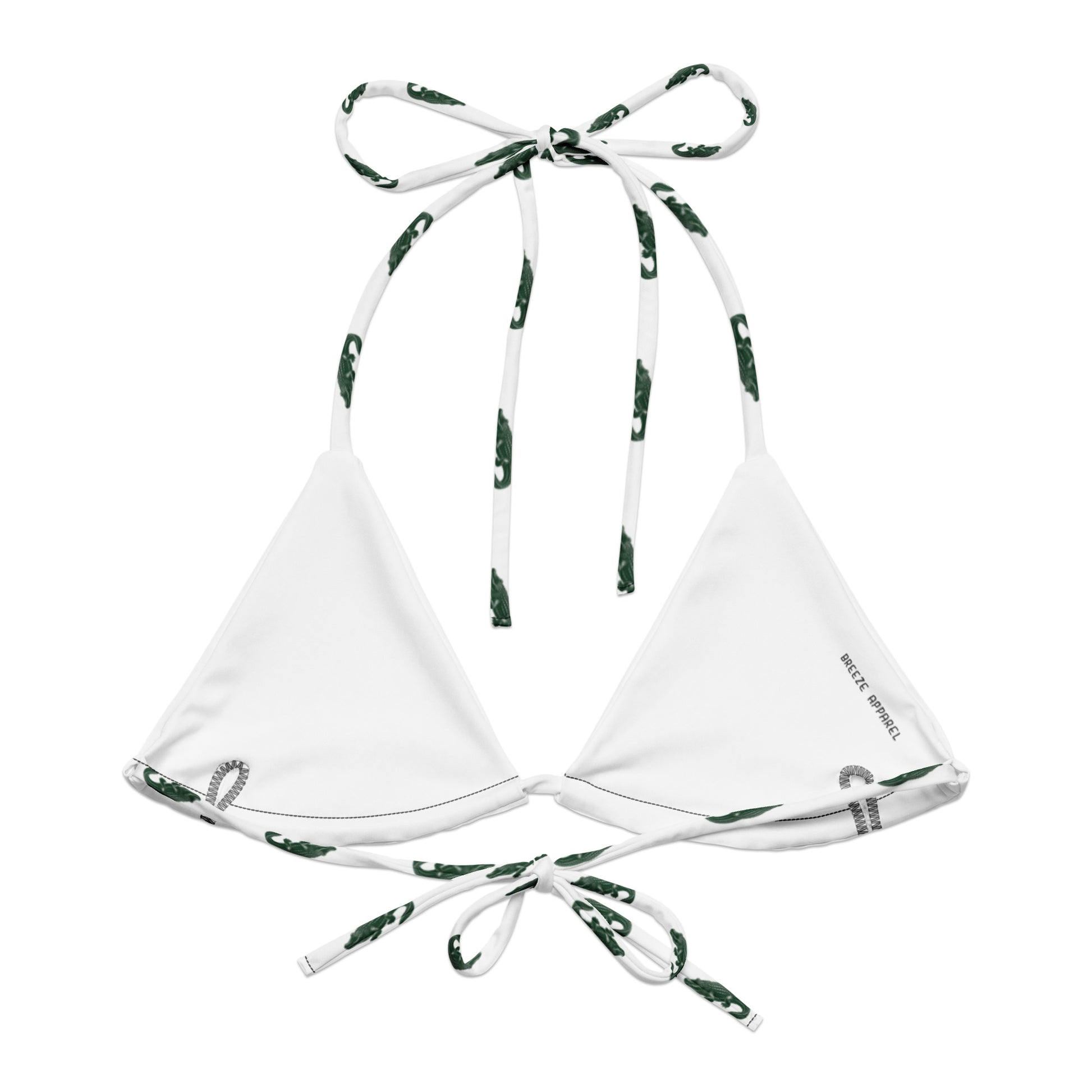 White bikini top with pattern of green alligators.