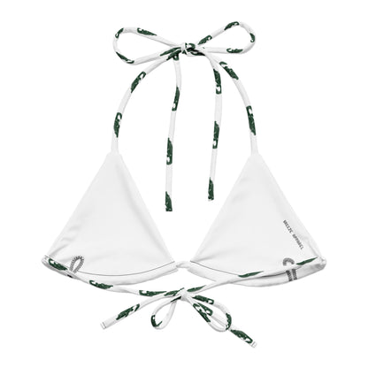 White bikini top with pattern of green alligators.