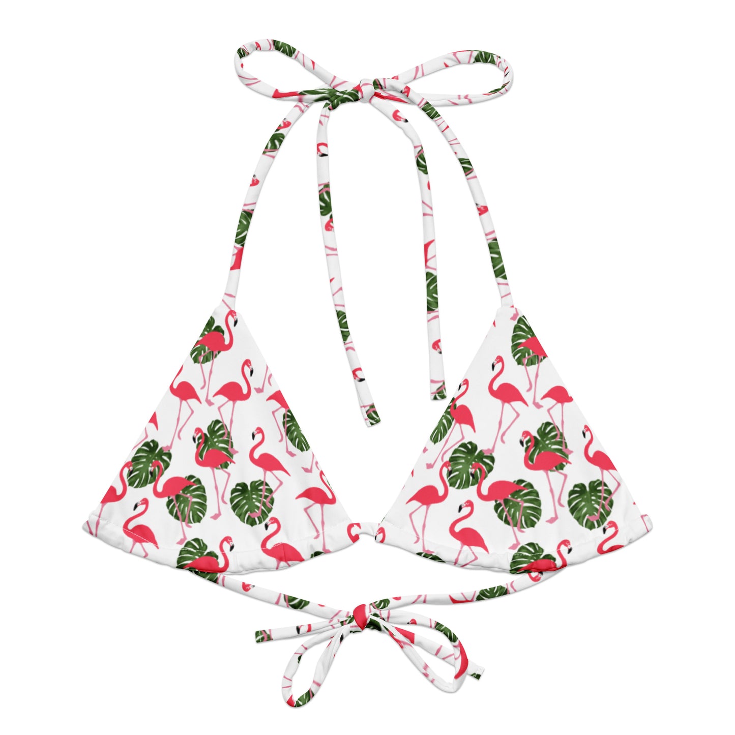 Bikini top with pattern of flamingos set on a white background.