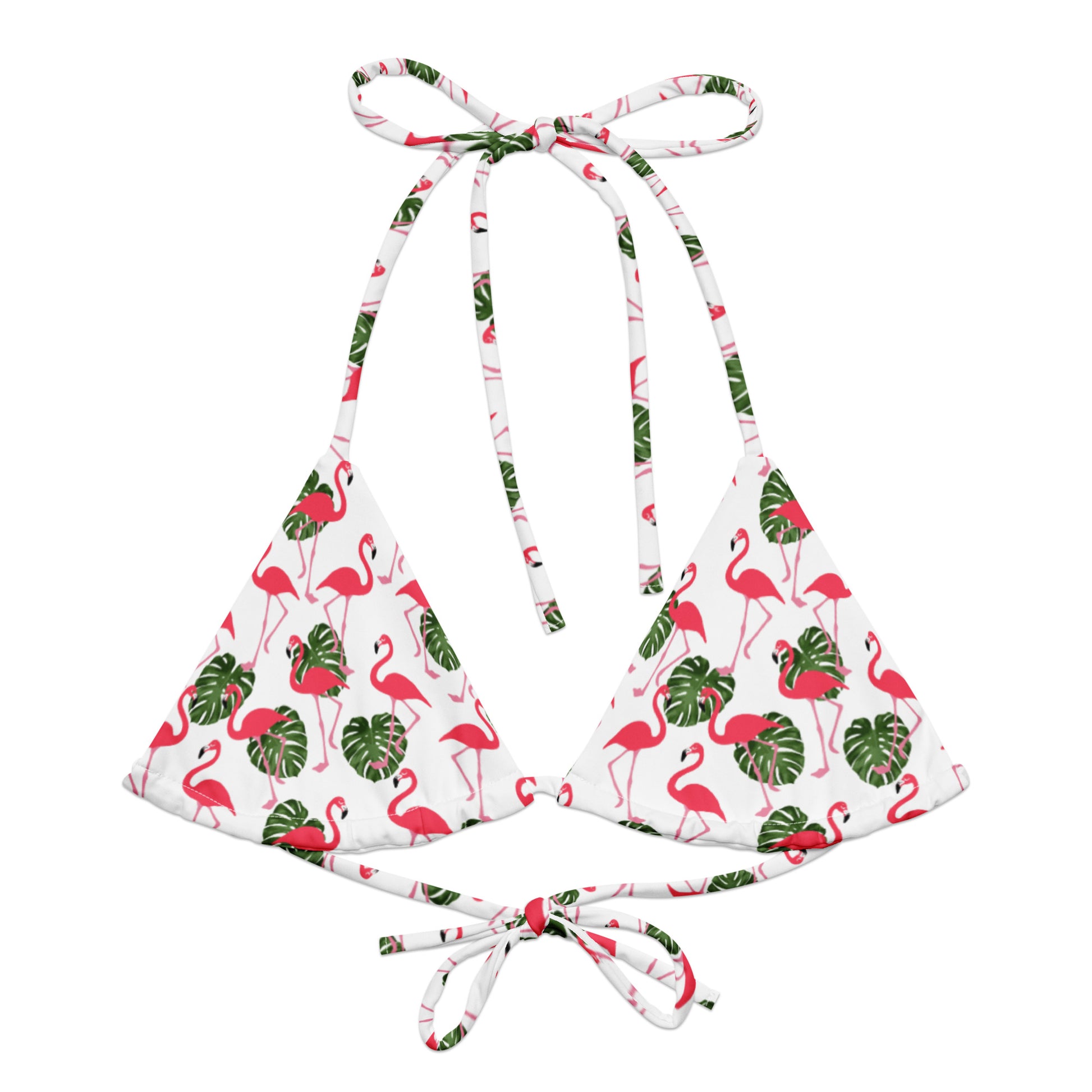 Bikini top with pattern of flamingos set on a white background.