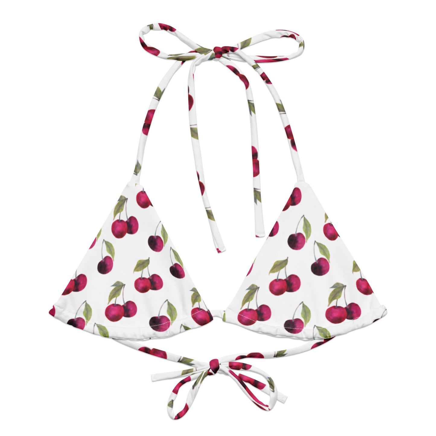 Bikini top with all-over pattern of cherries set on a white background.