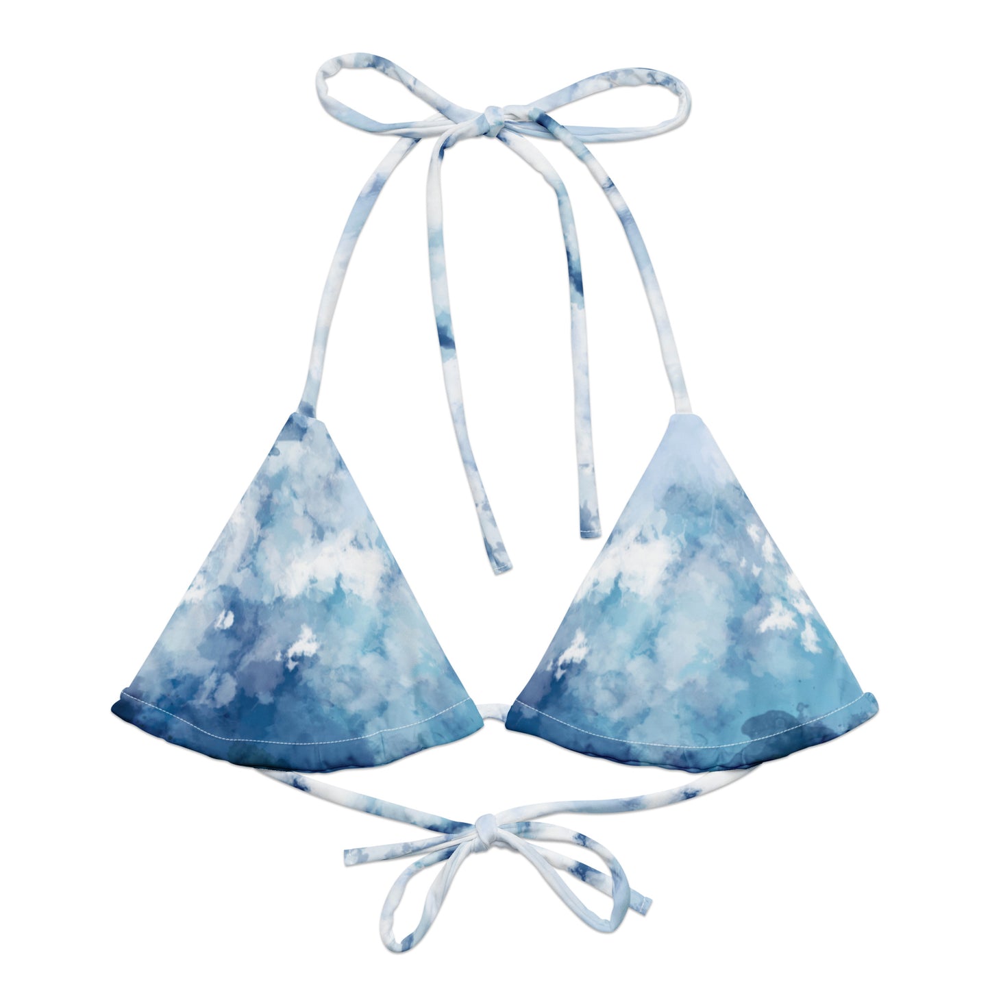 Bikini top with blue-white, watercolor-style design.