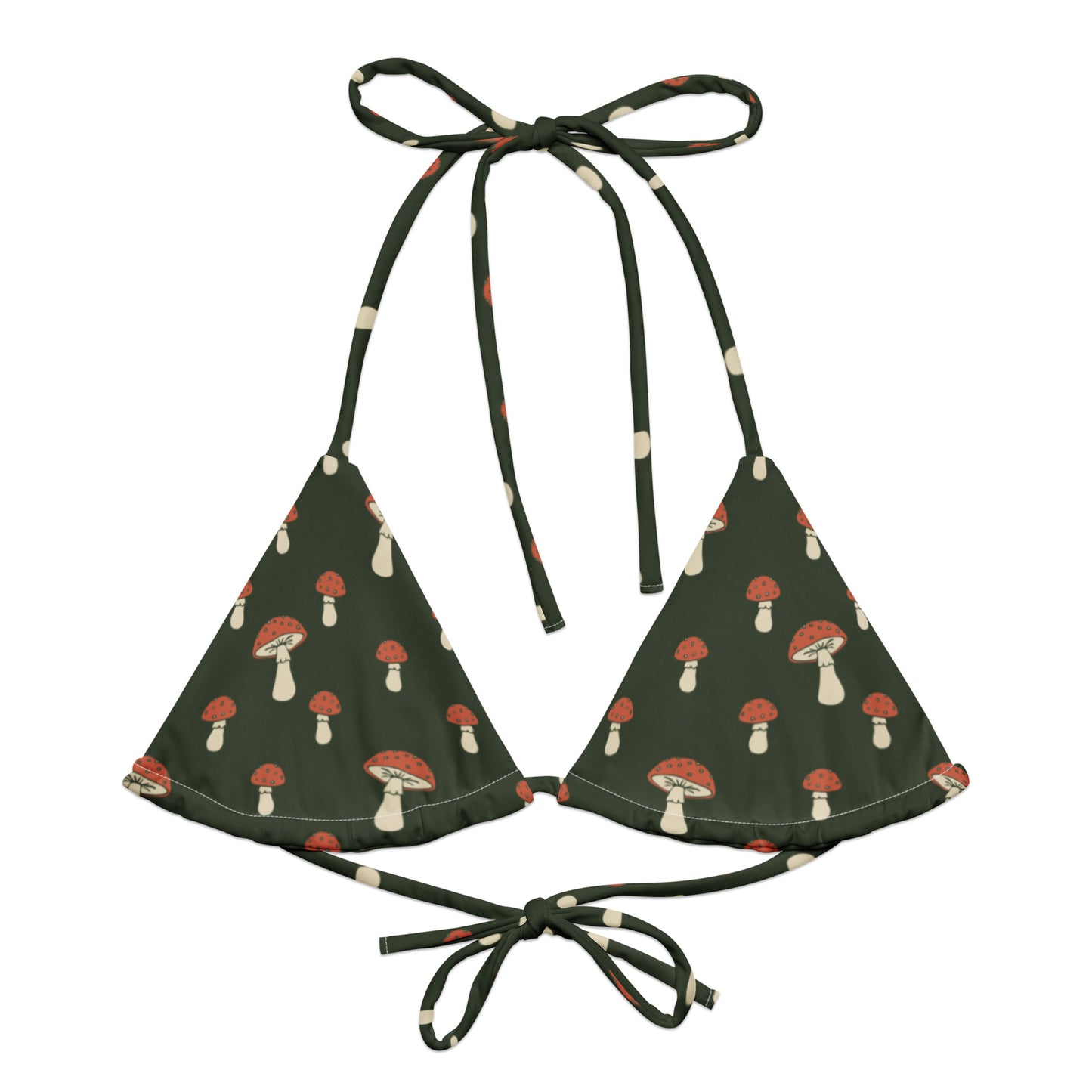 Bikini top with pattern of mushrooms set on a forest-green background.