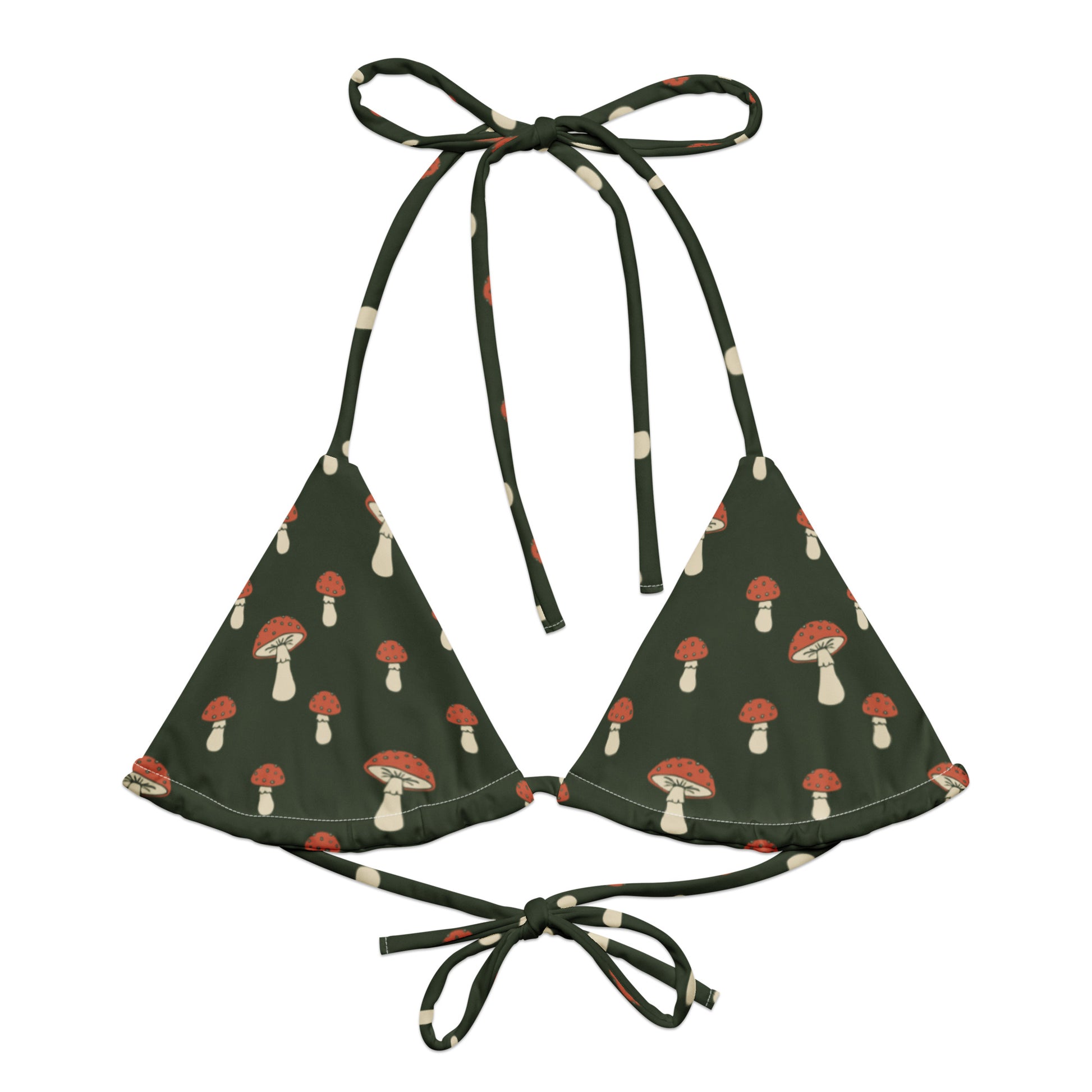 Bikini top with pattern of mushrooms set on a forest-green background.
