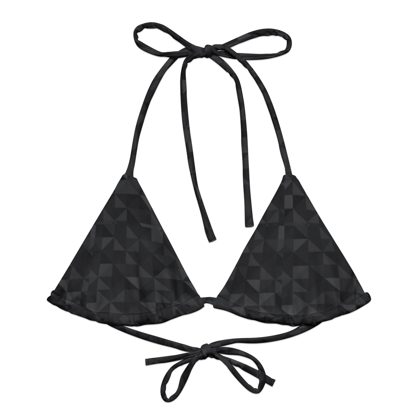 Bikini top with dark-gray geometric pattern.