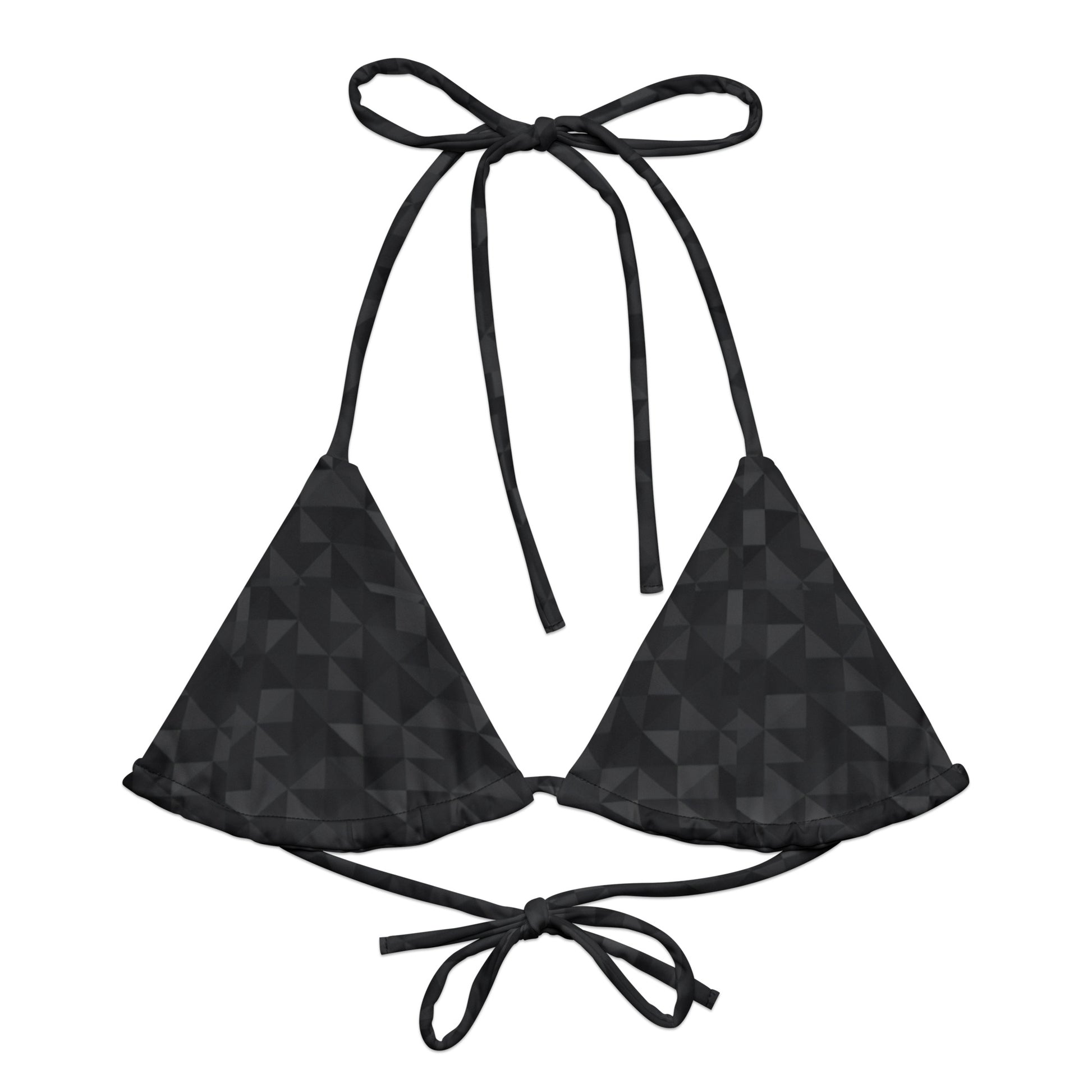 Bikini top with dark-gray geometric pattern.