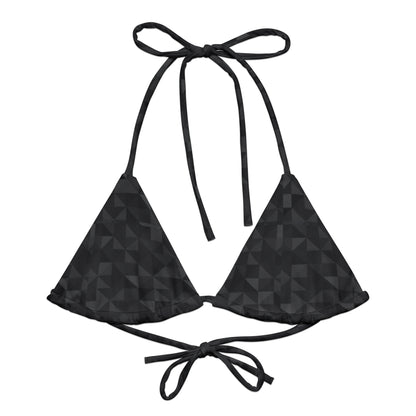 Bikini top with dark-gray geometric pattern.