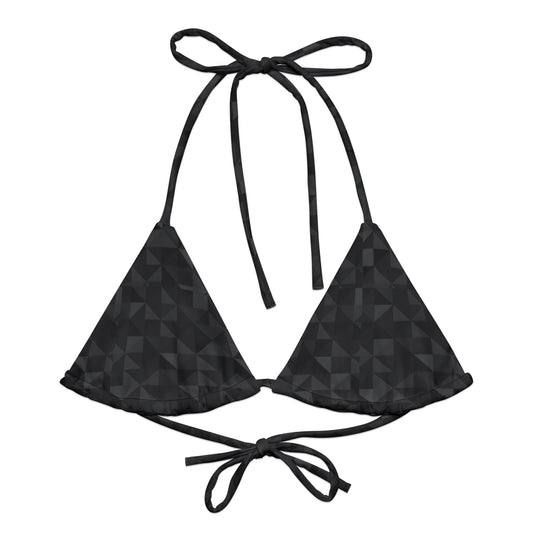 Bikini top with dark-gray geometric pattern.