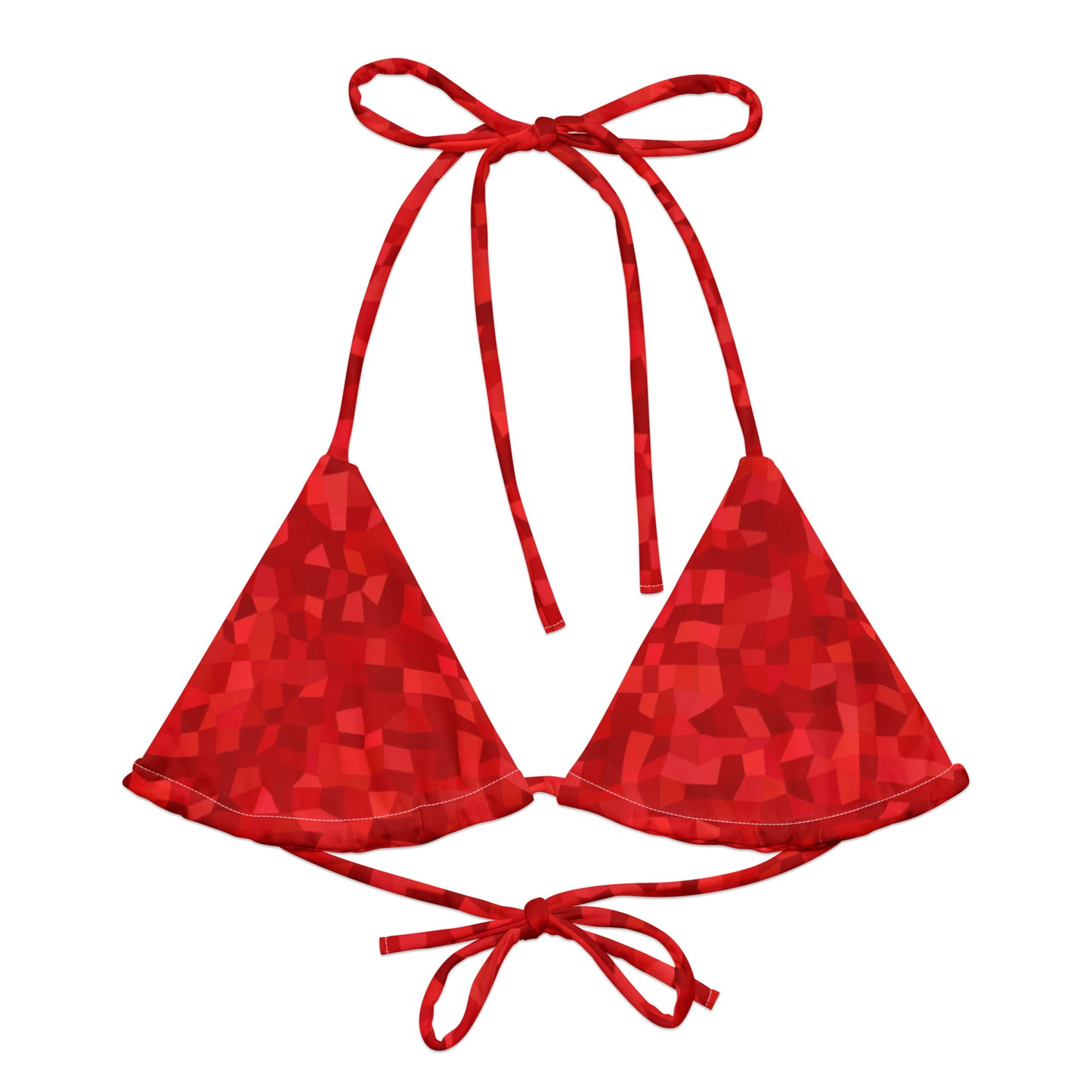 Bikini top with red geometric pattern. 