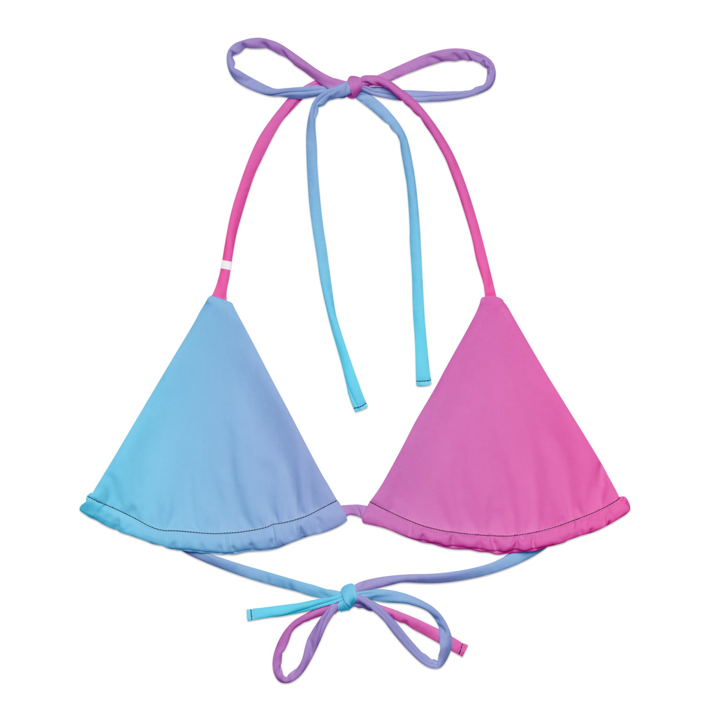 Bikini top with color scheme that fades from light blue to pink.