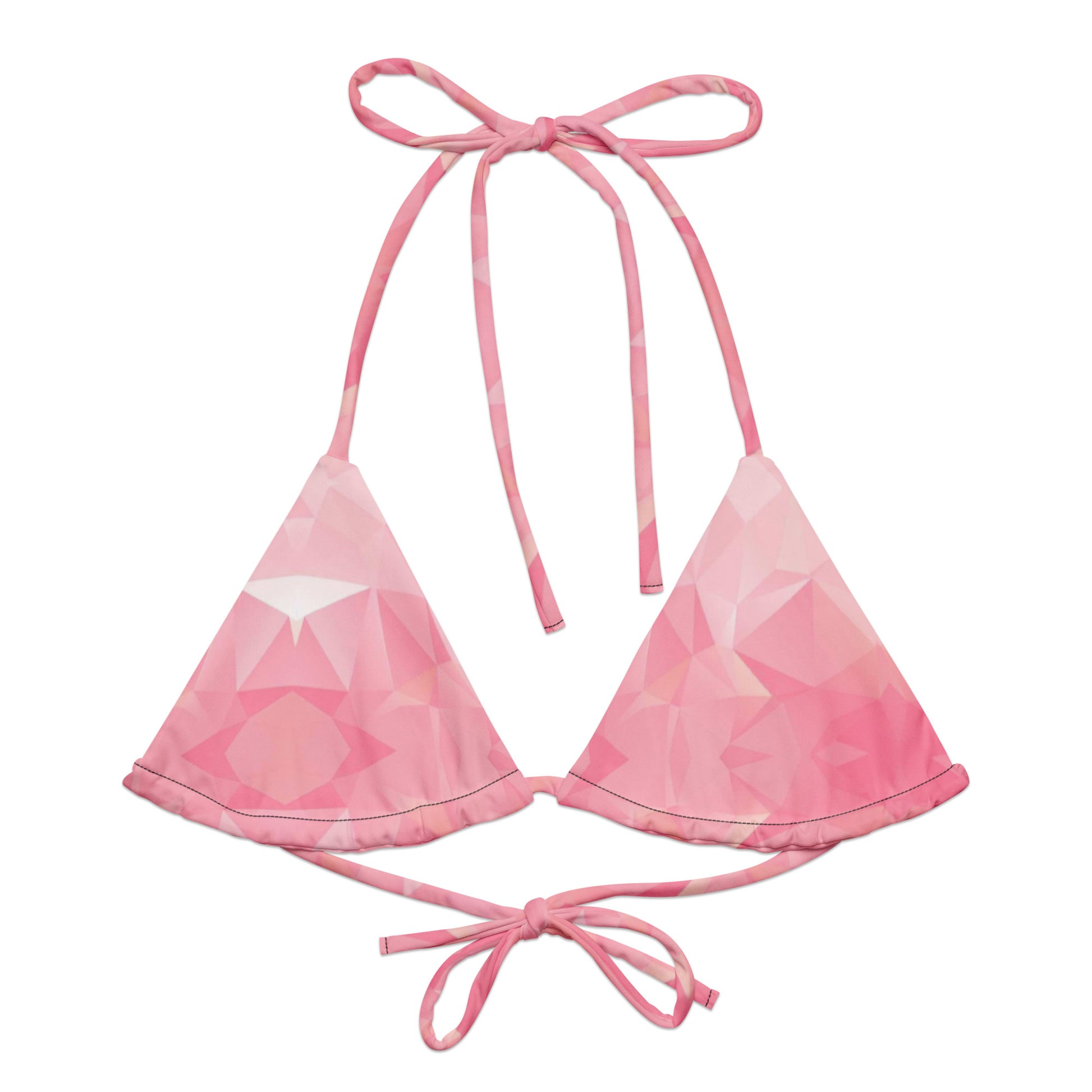 Bikini top with pink geometric pattern.