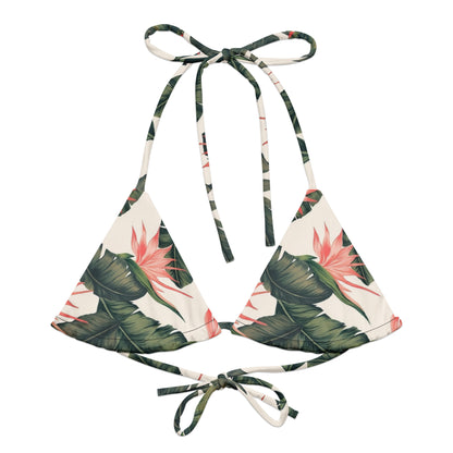 Bikini top with tropical floral pattern.