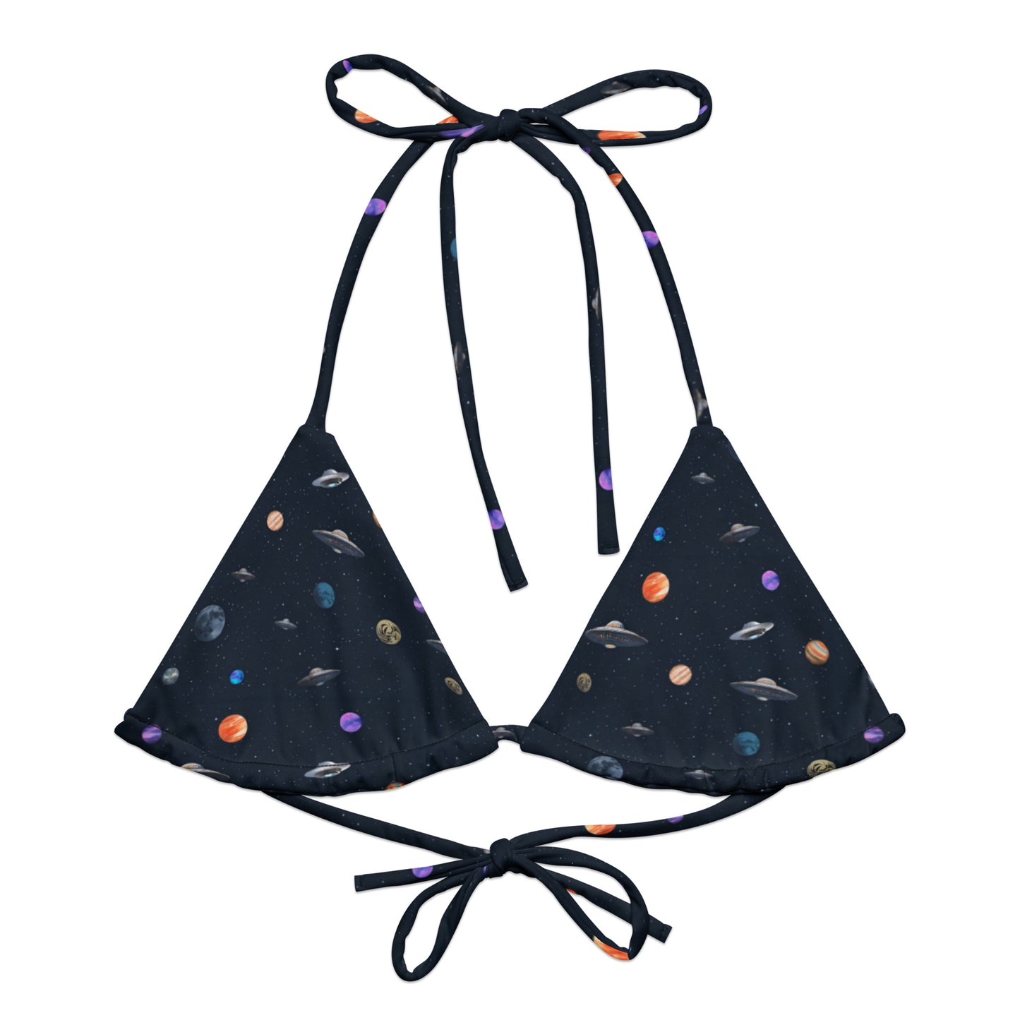 String bikini top with pattern of UFOs and planets in space.