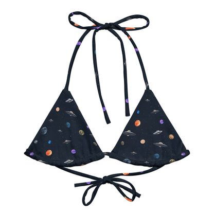 String bikini top with pattern of UFOs and planets in space.