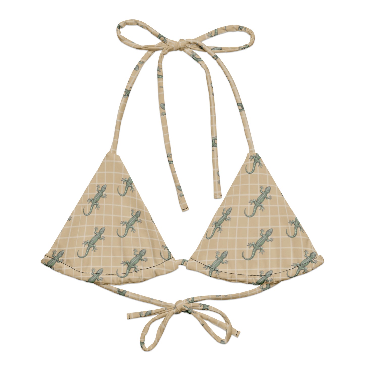 Beige bikini top with pattern of green geckos.