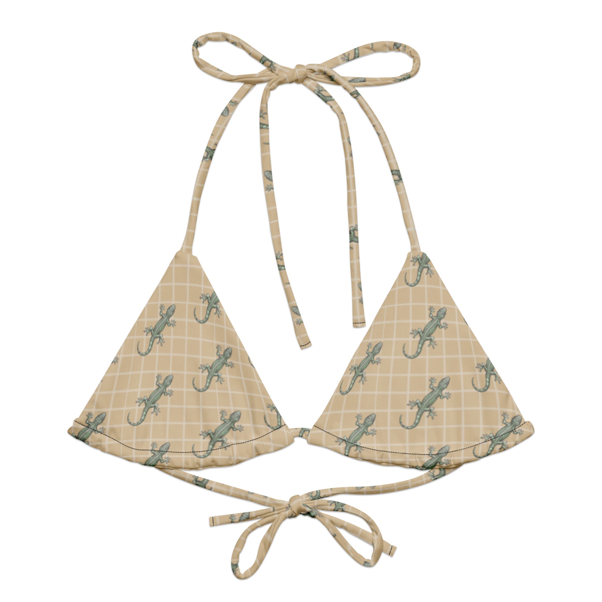Beige bikini top with pattern of green geckos.
