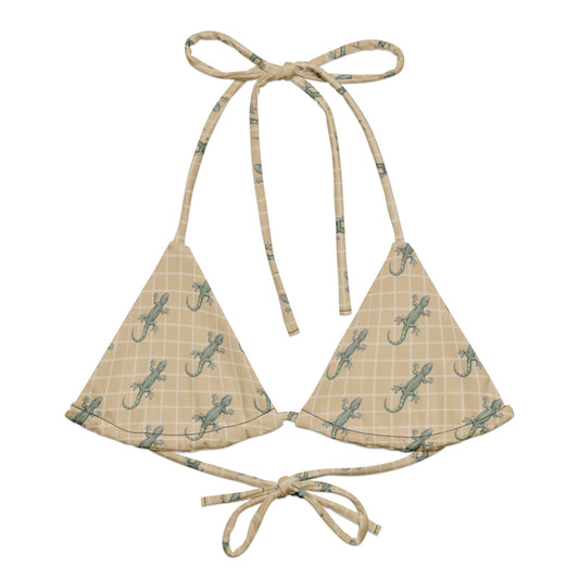 Beige bikini top with pattern of green geckos.