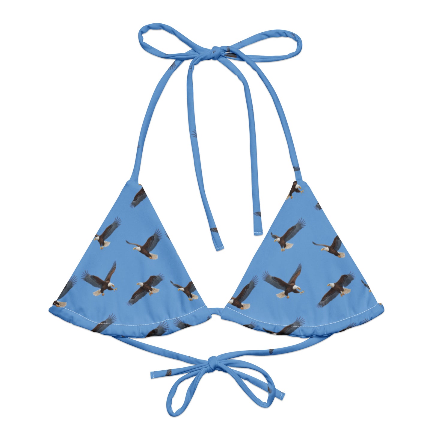 Blue bikini top with pattern of bald eagles.