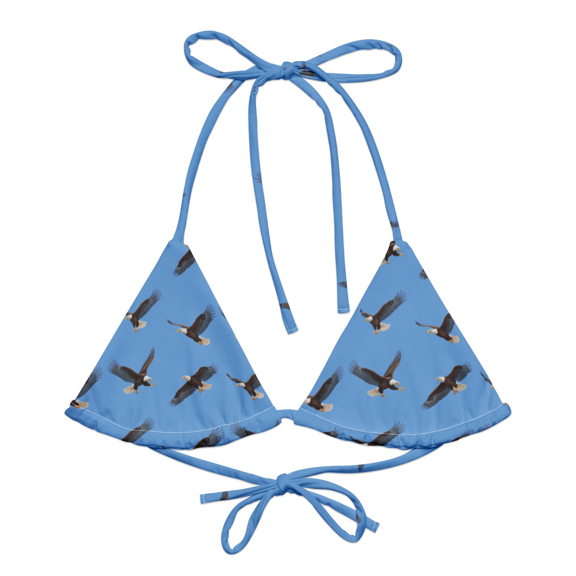 Blue bikini top with pattern of bald eagles.