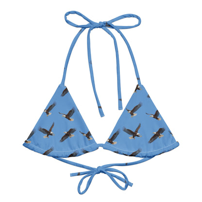 Blue bikini top with pattern of bald eagles.