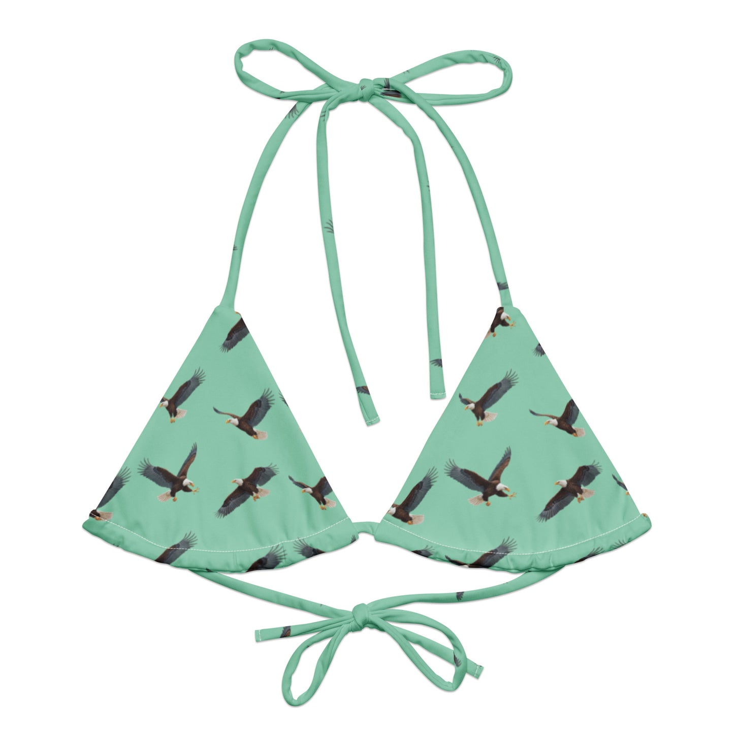 Green bikini top with pattern of bald eagles.