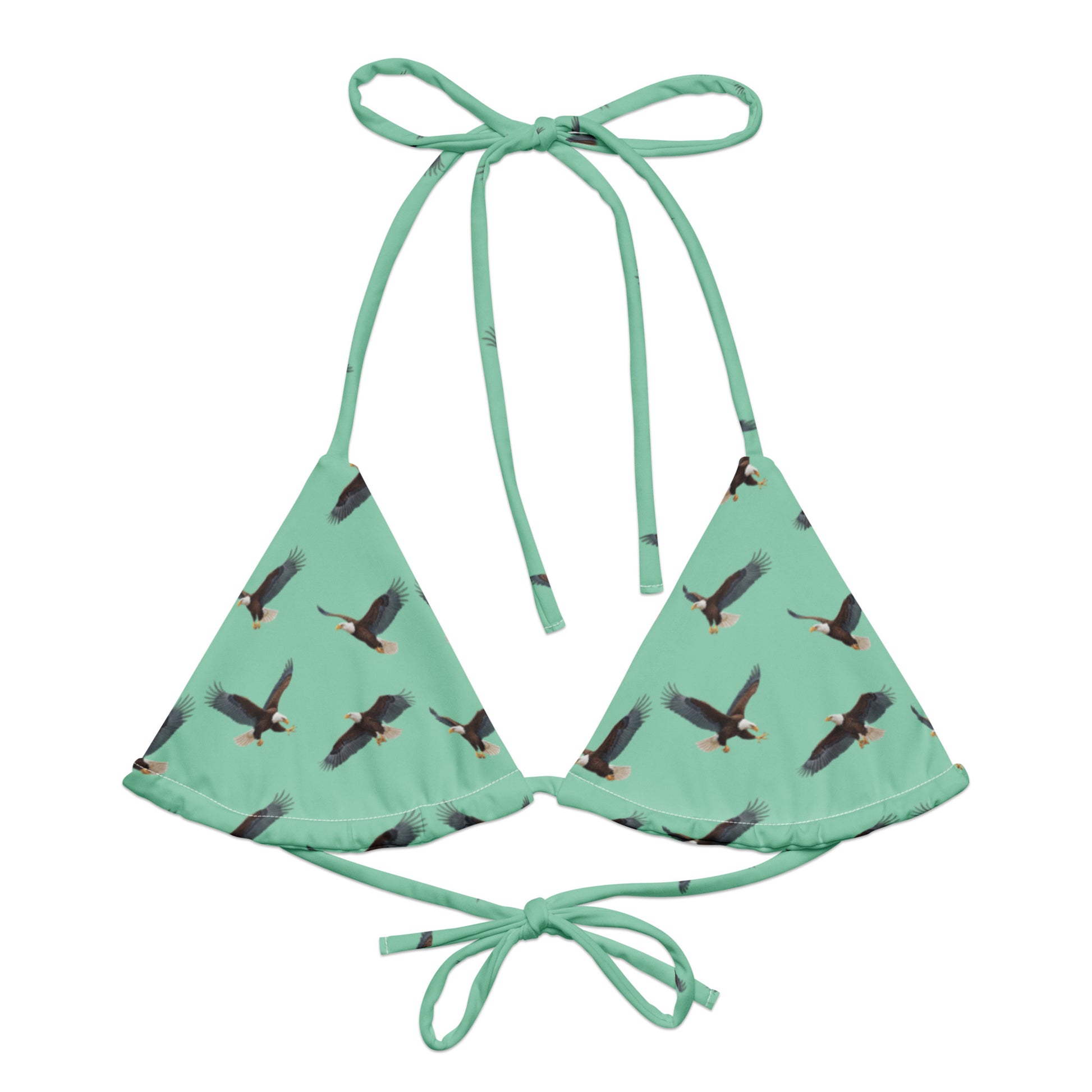 Green bikini top with pattern of bald eagles.