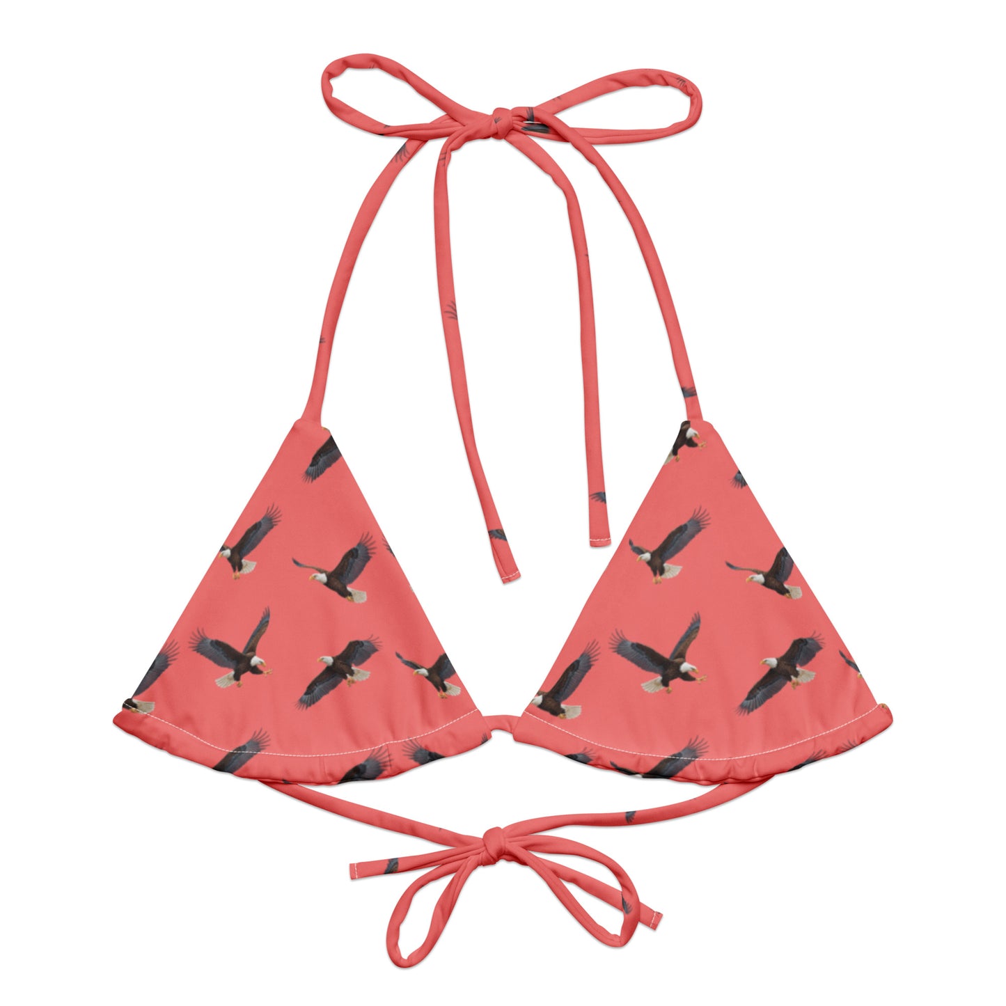 Red bikini top with pattern of bald eagles.