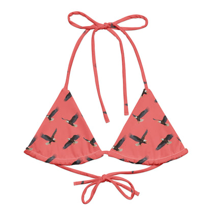 Red bikini top with pattern of bald eagles.