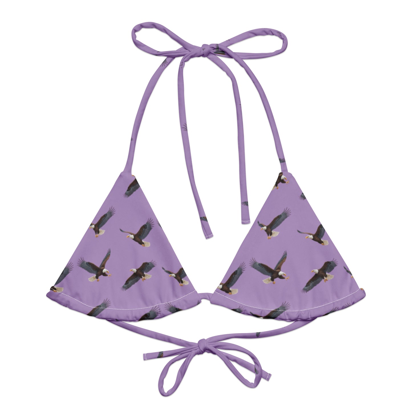 Purple bikini top with pattern of bald eagles.