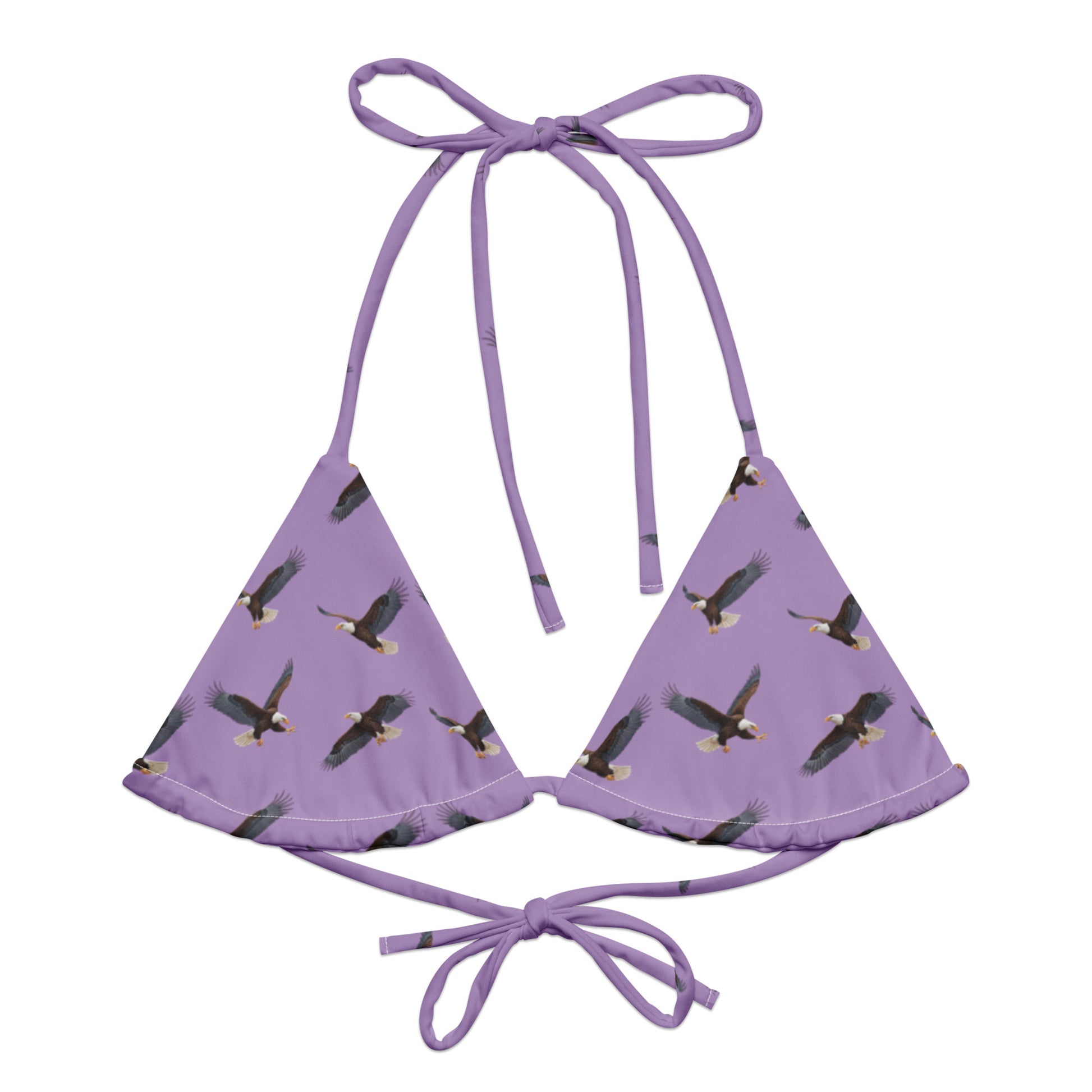 Purple bikini top with pattern of bald eagles.