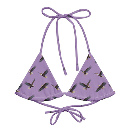 Purple bikini top with pattern of bald eagles.