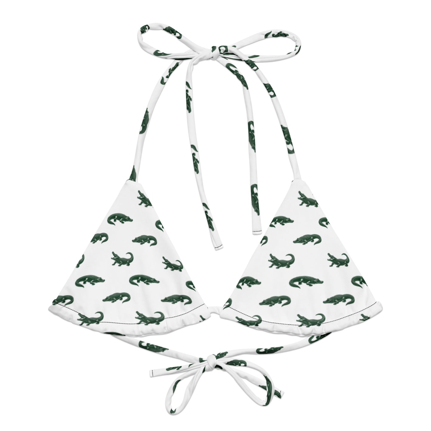 White bikini top with pattern of green alligators.