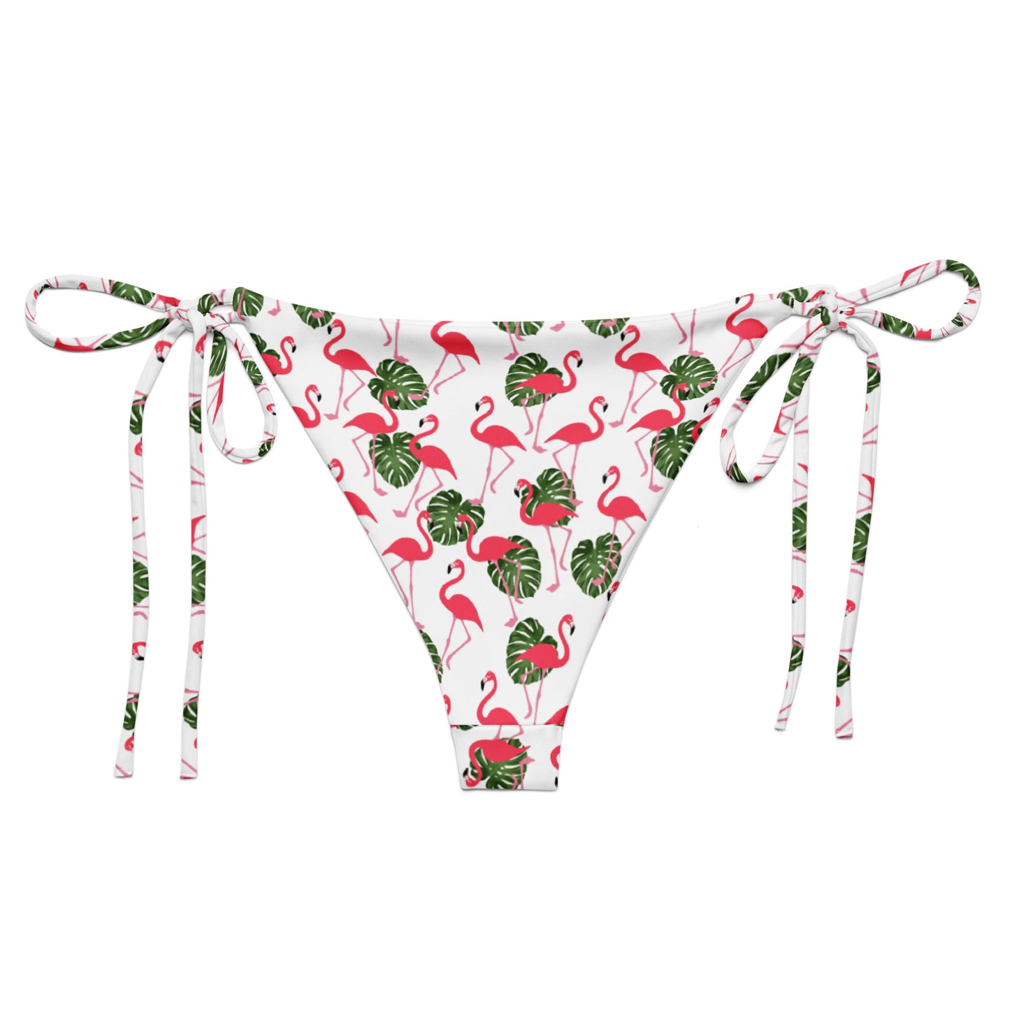 Back of bikini bottom with pattern of flamingos set on a white background.