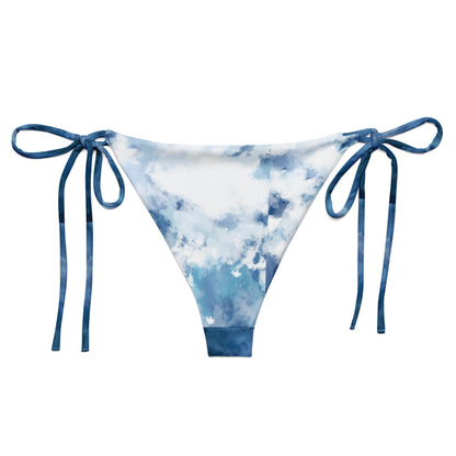 Back of bikini bottom with blue-white, watercolor-style design.
