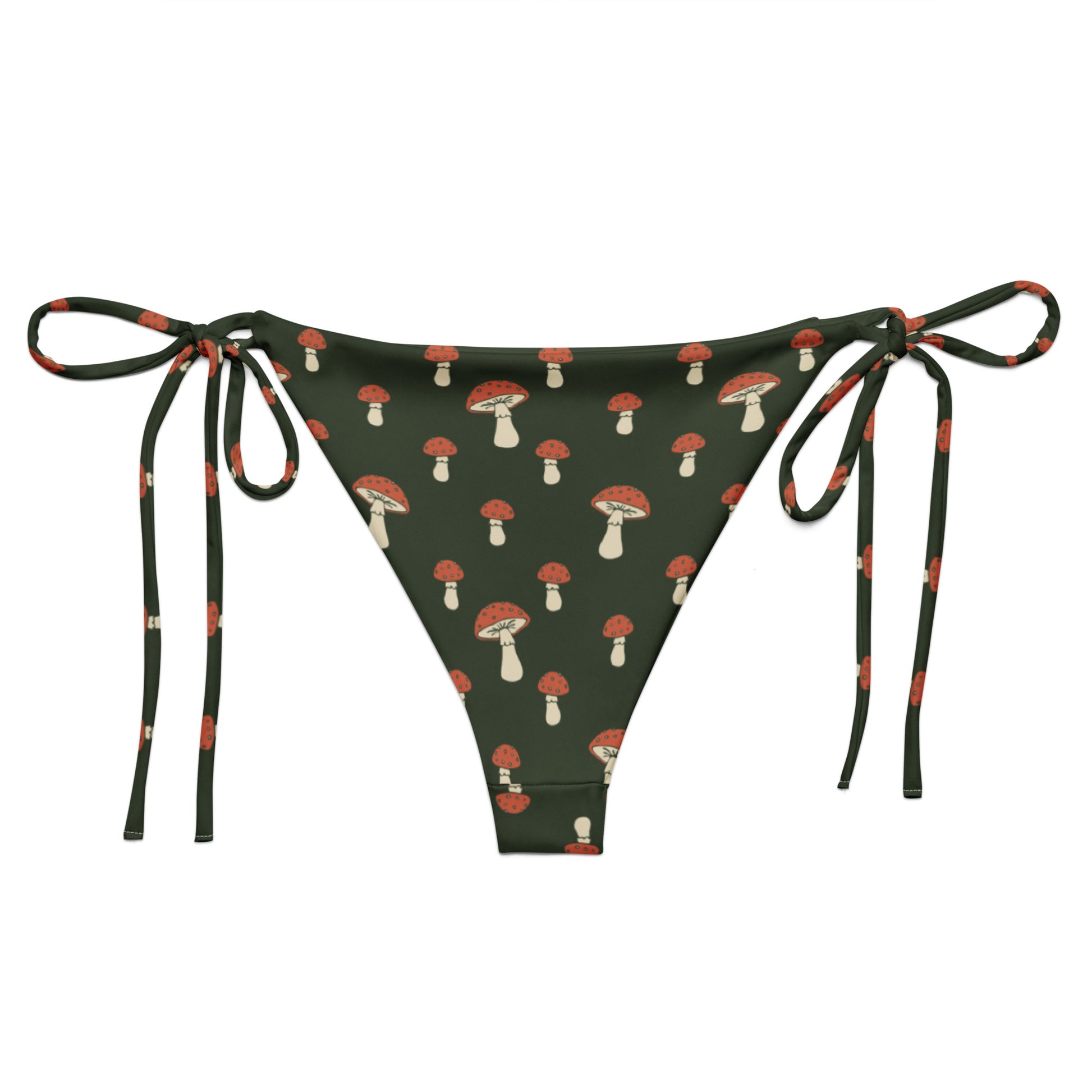 Back of bikini bottom with pattern of mushrooms set on a forest-green background.