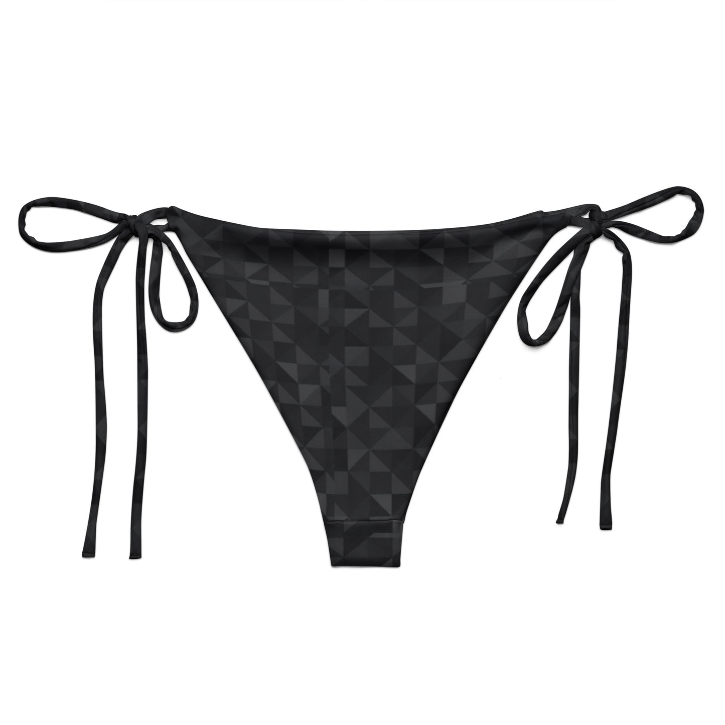 Back of bikini bottom with dark-gray geometric pattern.