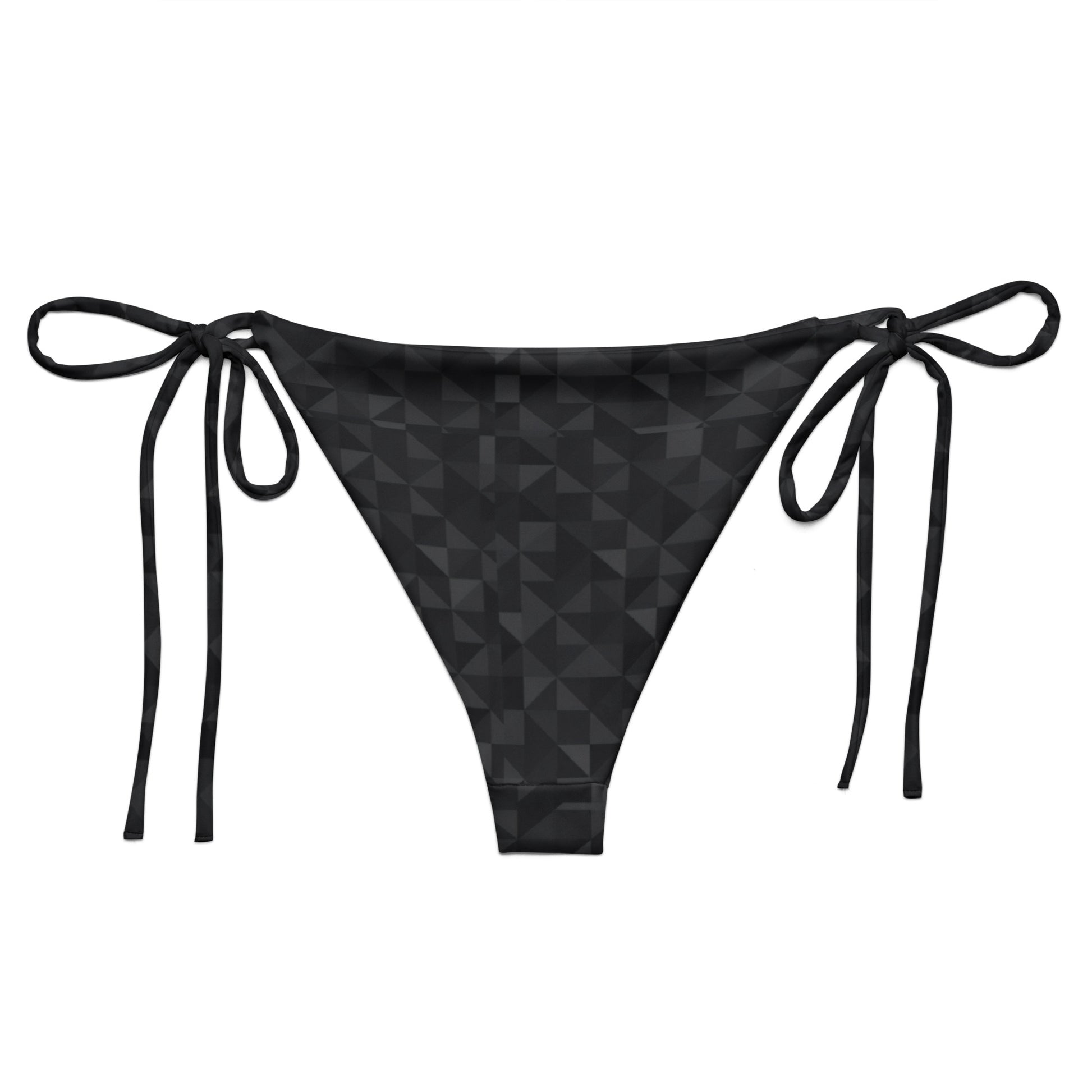 Back of bikini bottom with dark-gray geometric pattern.
