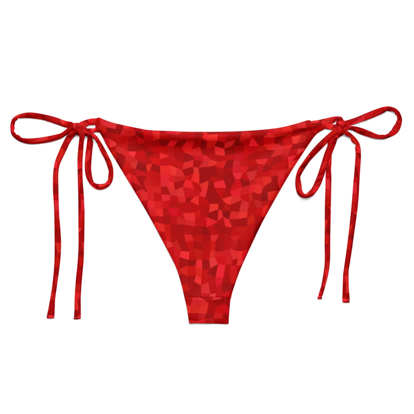 Back of bikini bottom with red geometric pattern.