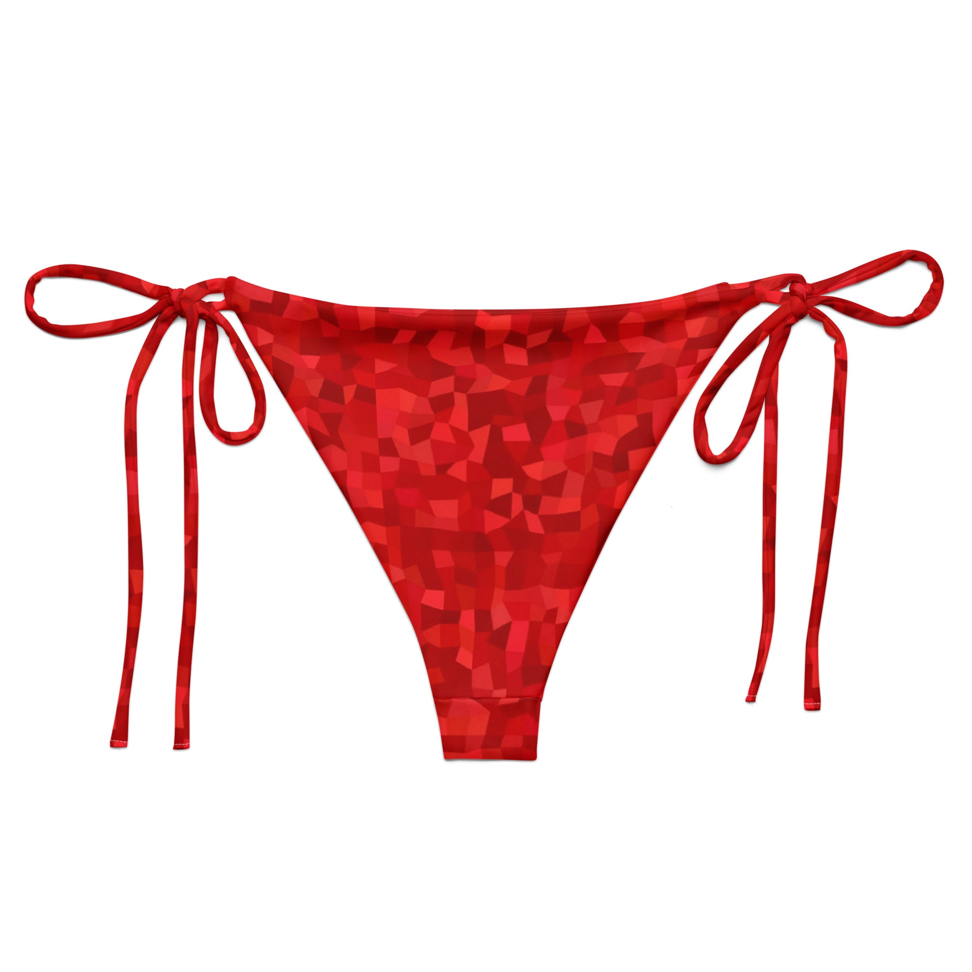 Back of bikini bottom with red geometric pattern.