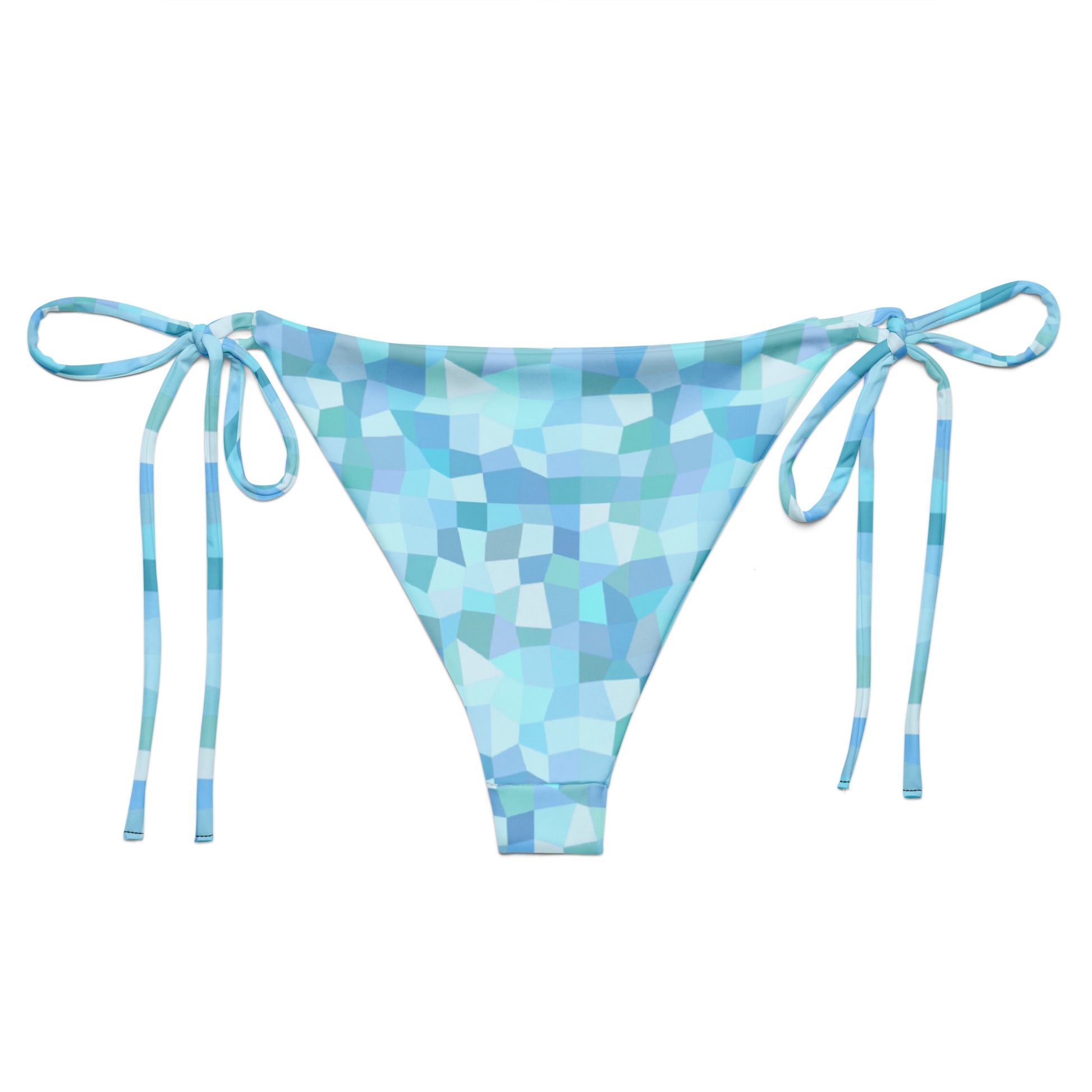 Back of bikini bottom with cyan geometric pattern.