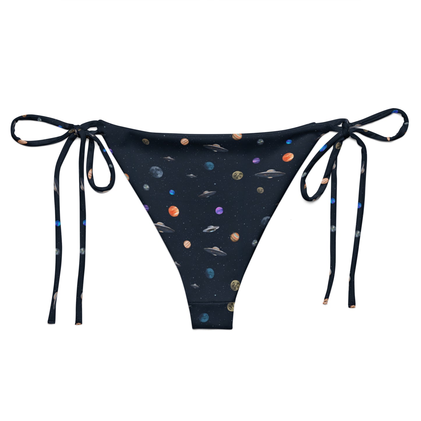 String bikini bottom with pattern of UFOs and planets in space.