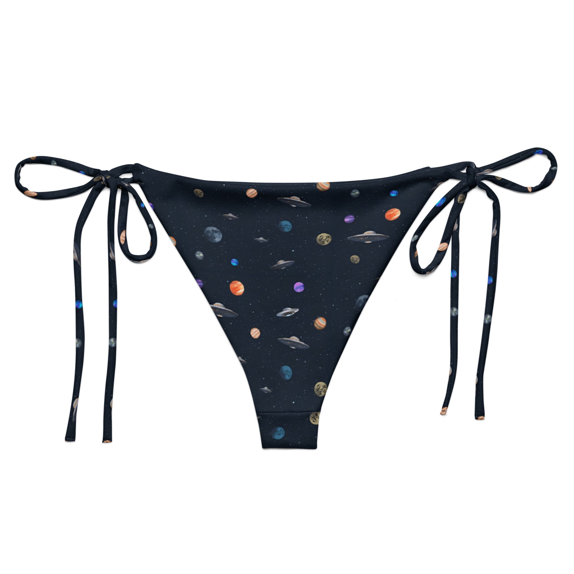 String bikini bottom with pattern of UFOs and planets in space.