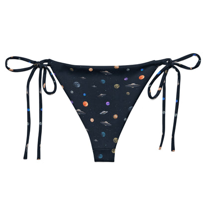 String bikini bottom with pattern of UFOs and planets in space.