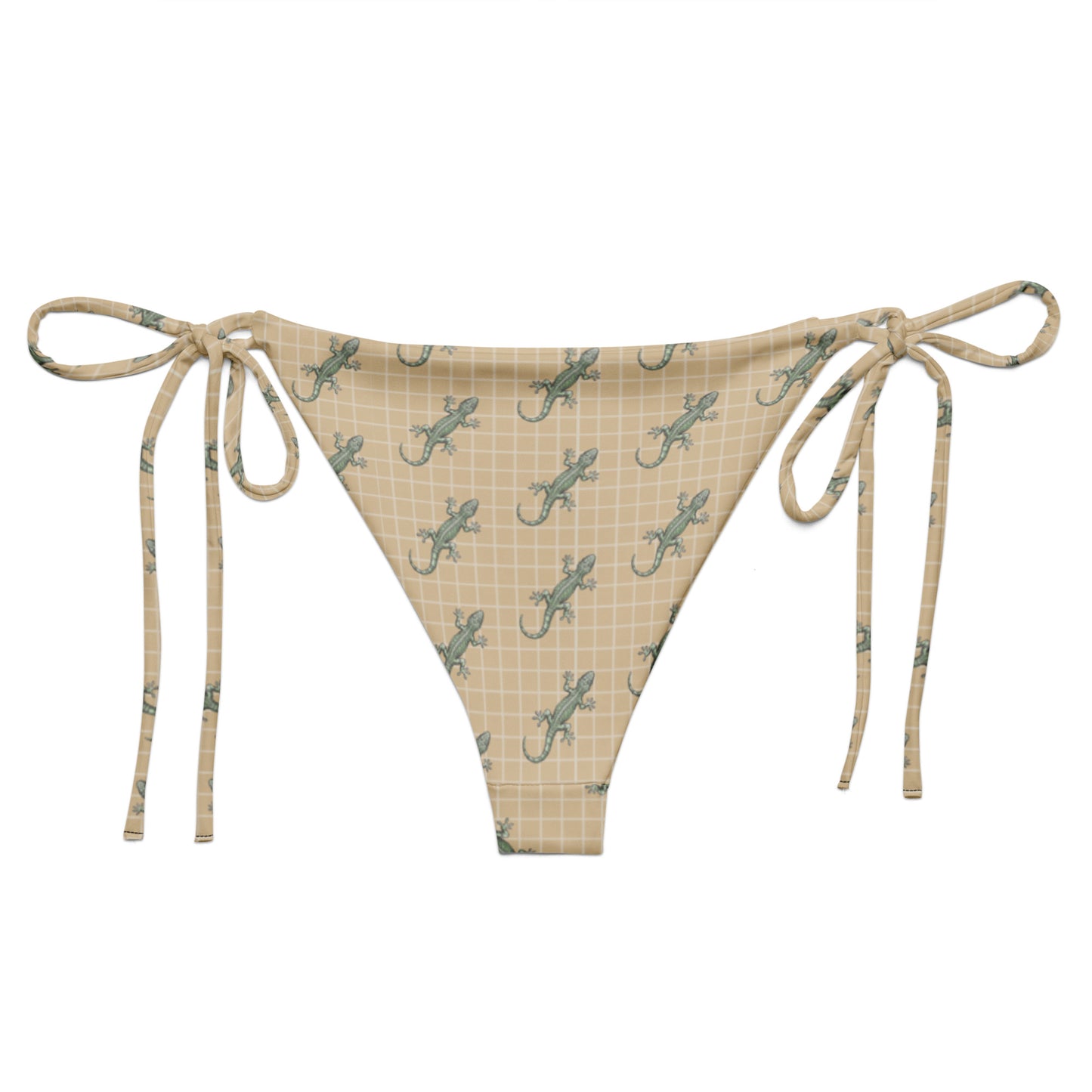 Beige bikini bottom with pattern of green geckos.